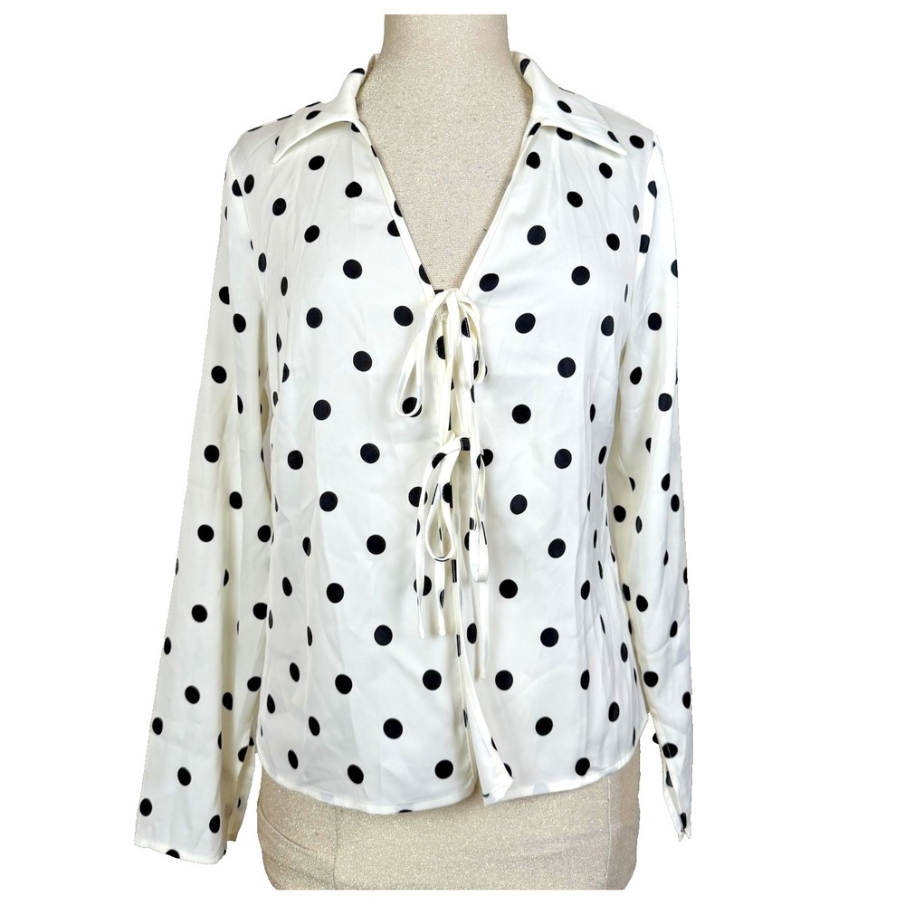 Rachel Zoe Blouse Womens M White Polka Dot Satin Collared Tie Front Top NEW